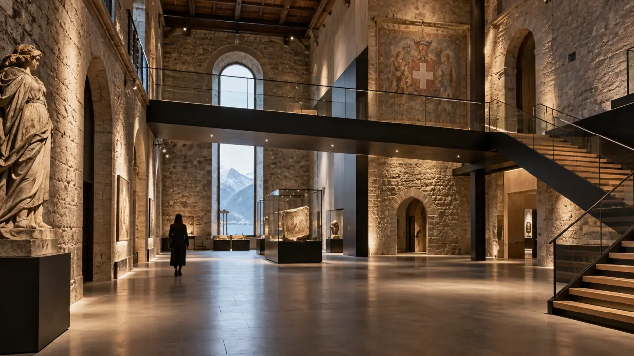 Espace intérieur d'un musée rénové, entre structure patrimoniale et interventions contemporaines