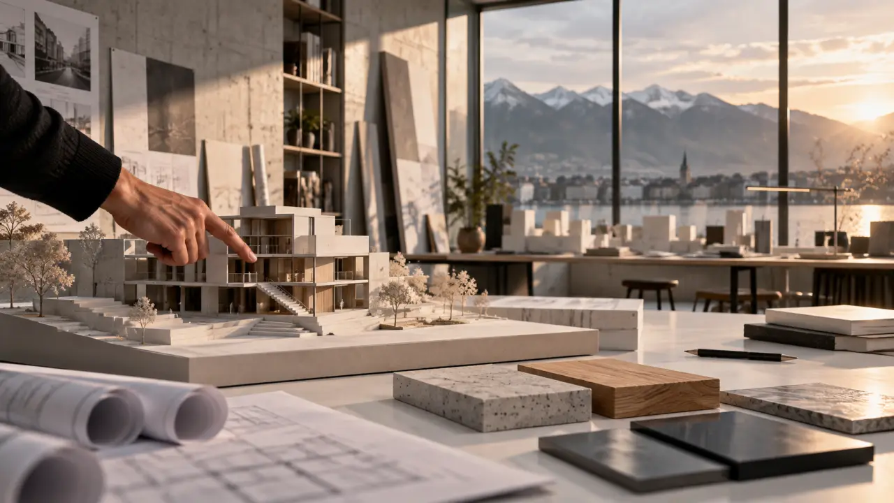 Plan et maquette d’un projet d’architecture contemporaine