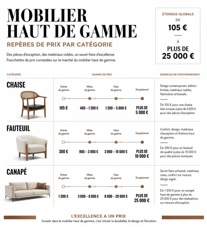 Repères de prix du mobilier luxe haut de gamme par catégorie de meuble