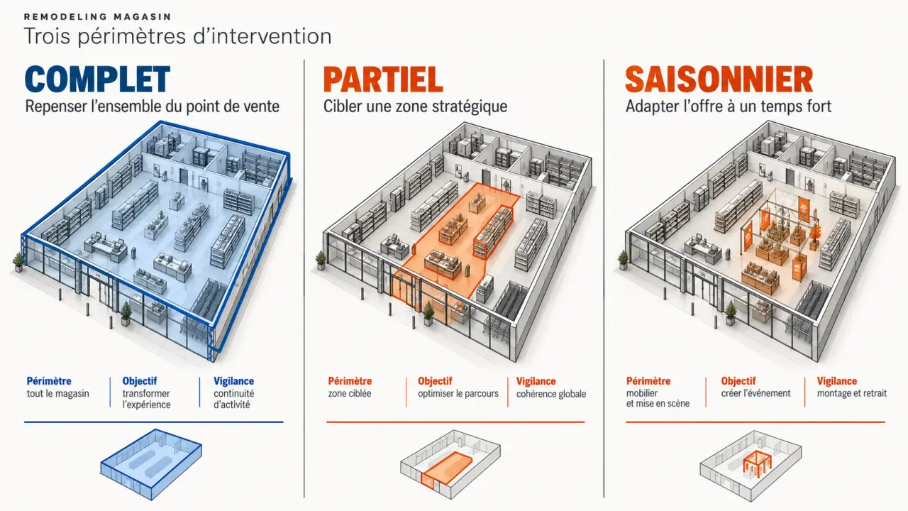 Infographie des trois formes de remodeling magasin : complet, partiel et saisonnier