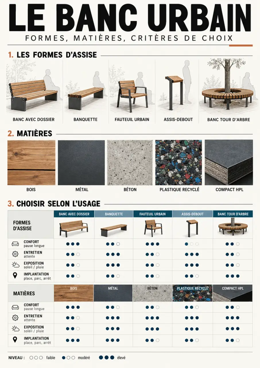 Infographie sur le banc urbain design, les formes d'assise et les matériaux extérieurs