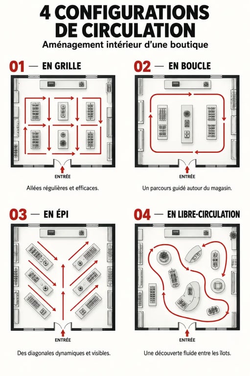 Comparaison des configurations de circulation pour un aménagement intérieur boutique