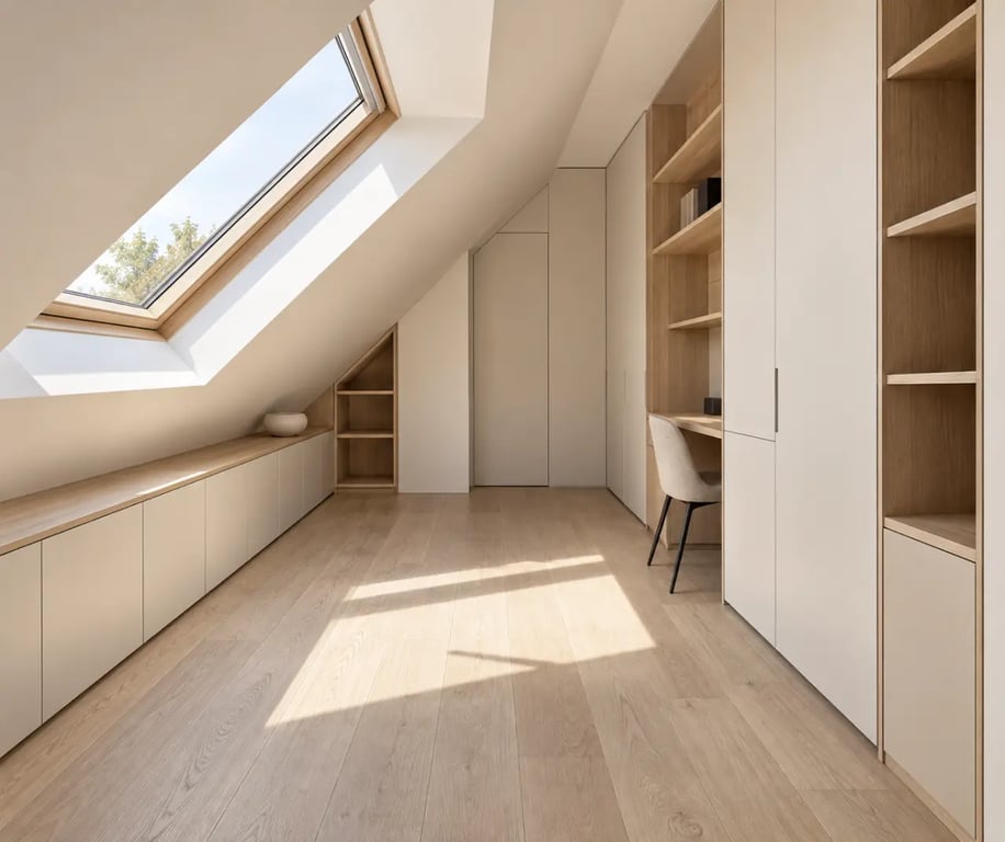 Intérieurs privés avec aménagement sur mesure sous pente et rangements intégrés