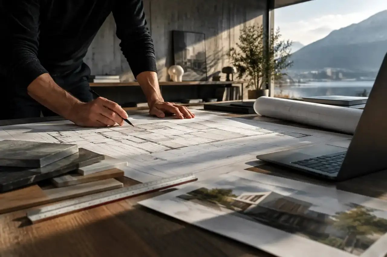 Plan d’architecte posé sur une table, dans une composition minimaliste en noir et blanc