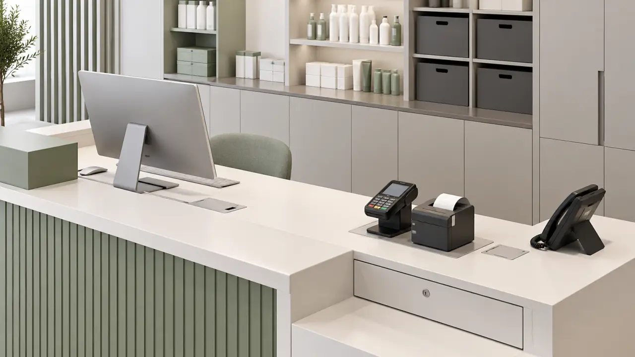 Organisation d'un comptoir institut de beauté avec caisse, rangements et gestion des câbles