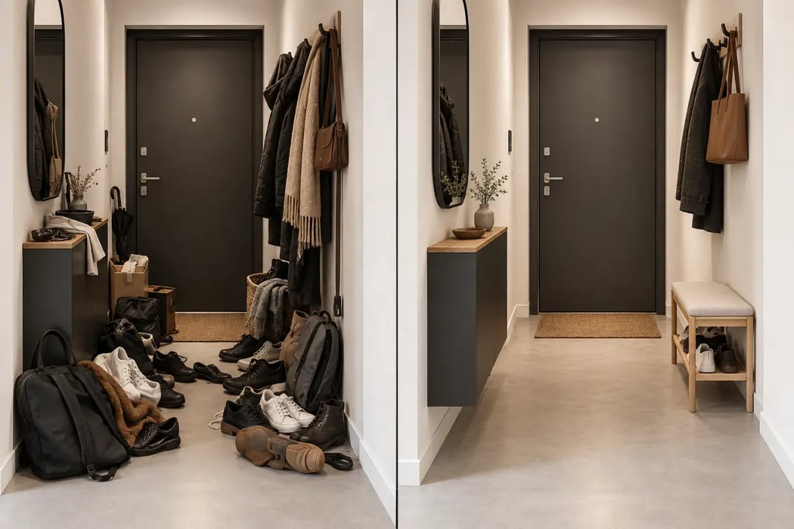Avant après d’une entrée de maison minimaliste désencombrée