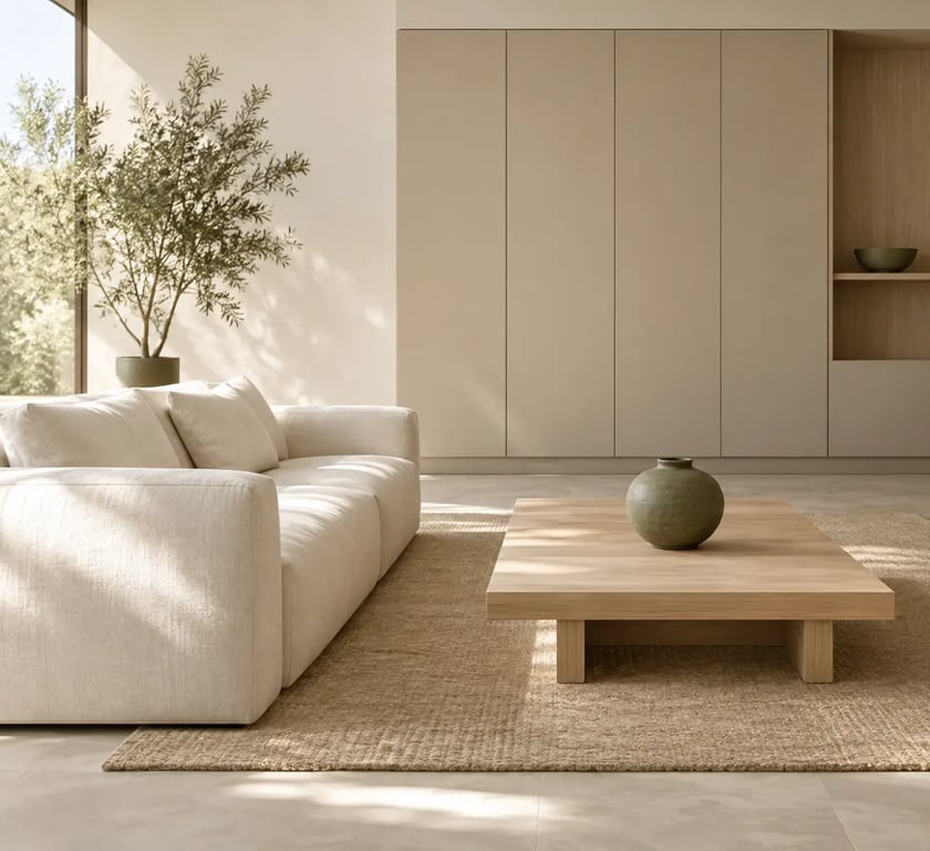 Salon de maison minimaliste chaleureux avec bois clair et lumière naturelle