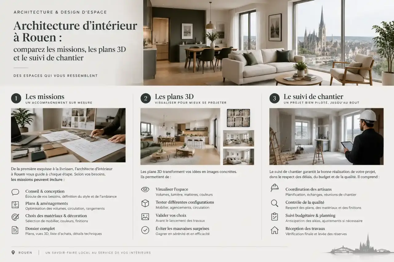 Architecture d’intérieur à Rouen : comparez les missions, les plans 3D et le suivi de chantier