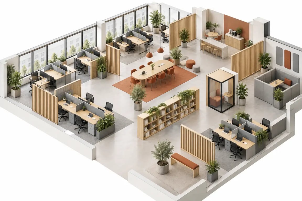 Décoration open space organisée avec zones de travail, plantes et panneaux acoustiques