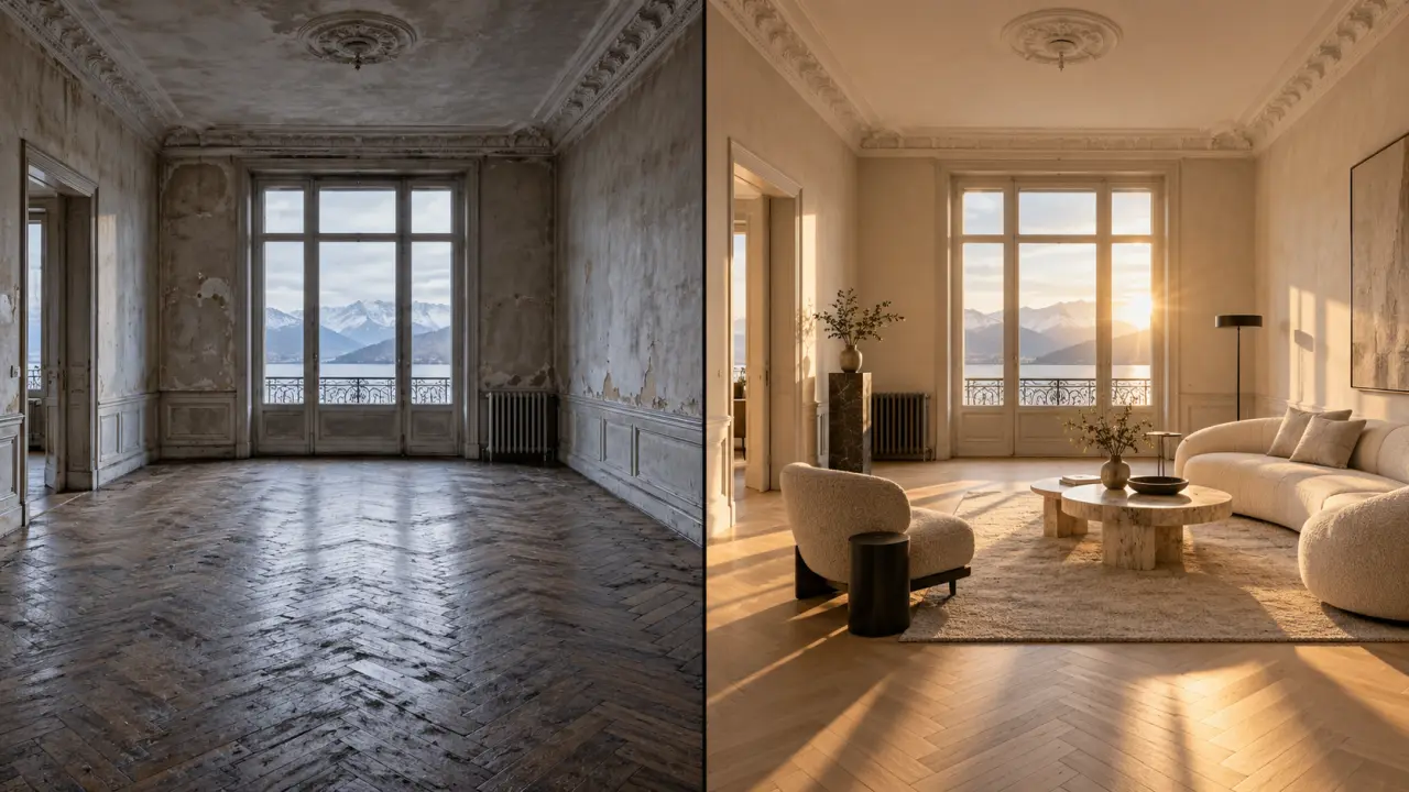Intérieur ancien rénové, avant et après transformation architecturale