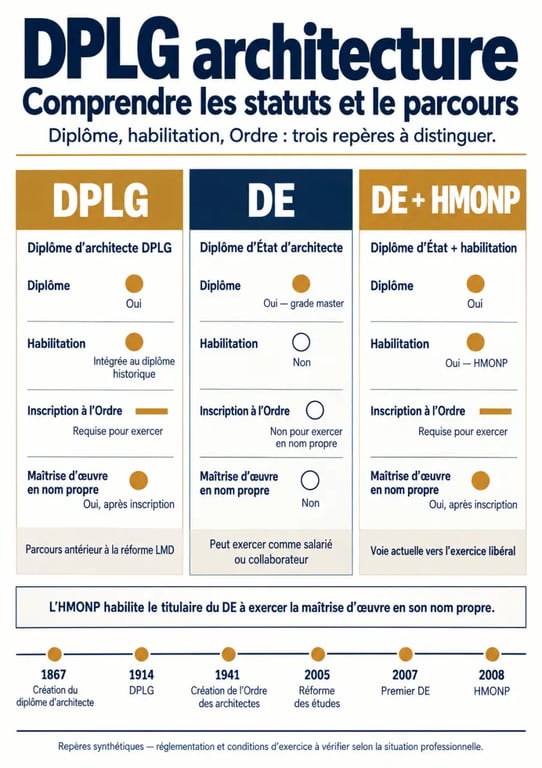 Infographie dplg architecture comparant DPLG, DE et DE-HMONP et leur évolution historique