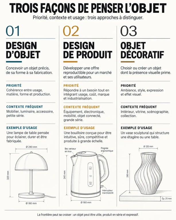 Infographie sur les différences entre design objet, design de produit et objet décoratif