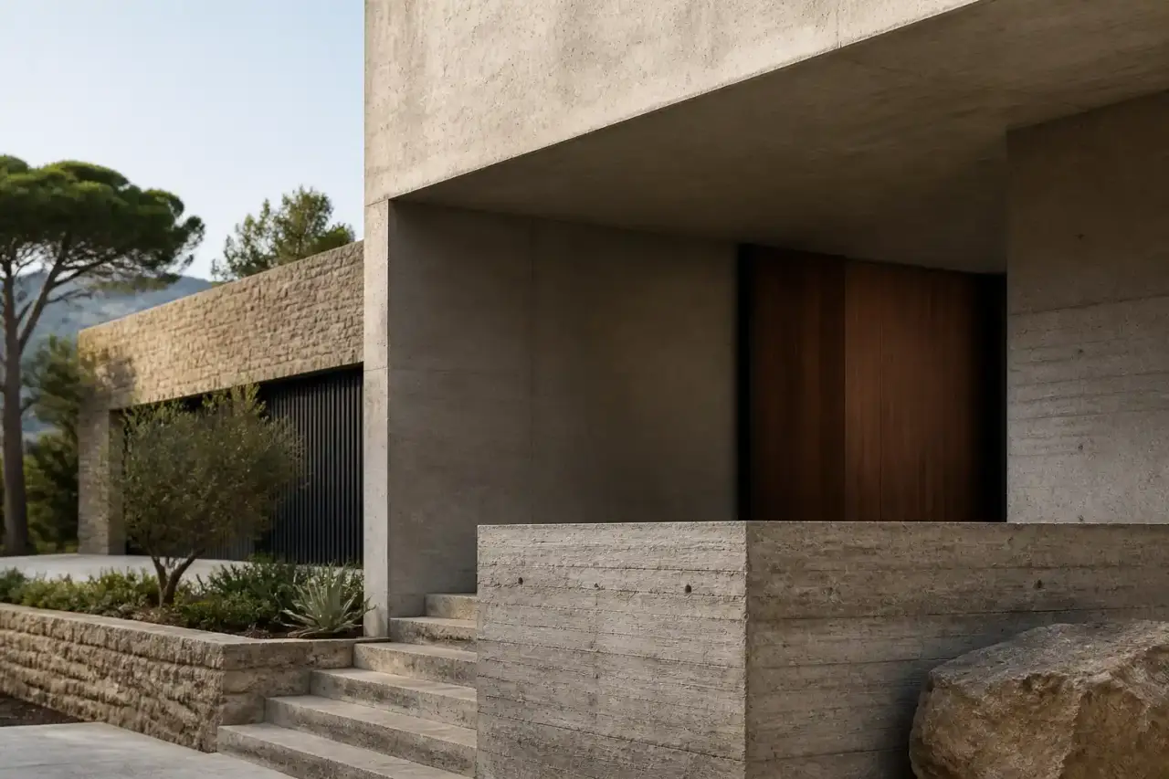 Façade en béton brut avec ombre tranchée et ligne rouge asymétrique, architecture contemporaine