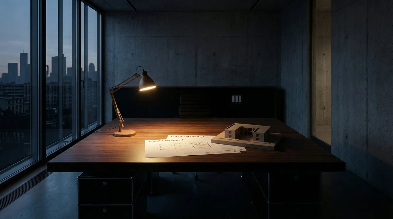 Bâtiment de bureaux moderne en verre et acier, style minimaliste