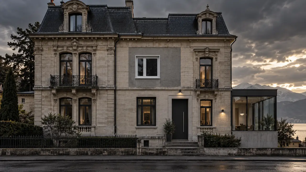 Façade ancienne rénovée avec une intervention architecturale contemporaine et maîtrisée