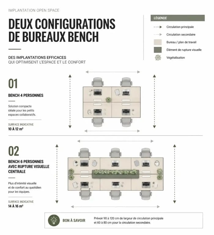Schéma d'implantation d'un bureau open space pour 4 et 6 personnes