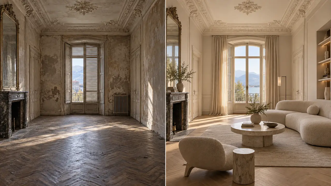 Appartement patrimonial rénové, alliance entre éléments anciens et aménagement contemporain