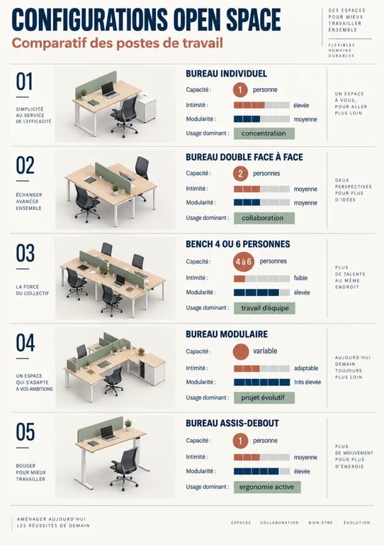 Mobilier open space : comparaison des configurations de bureaux individuels, bench et modulaires