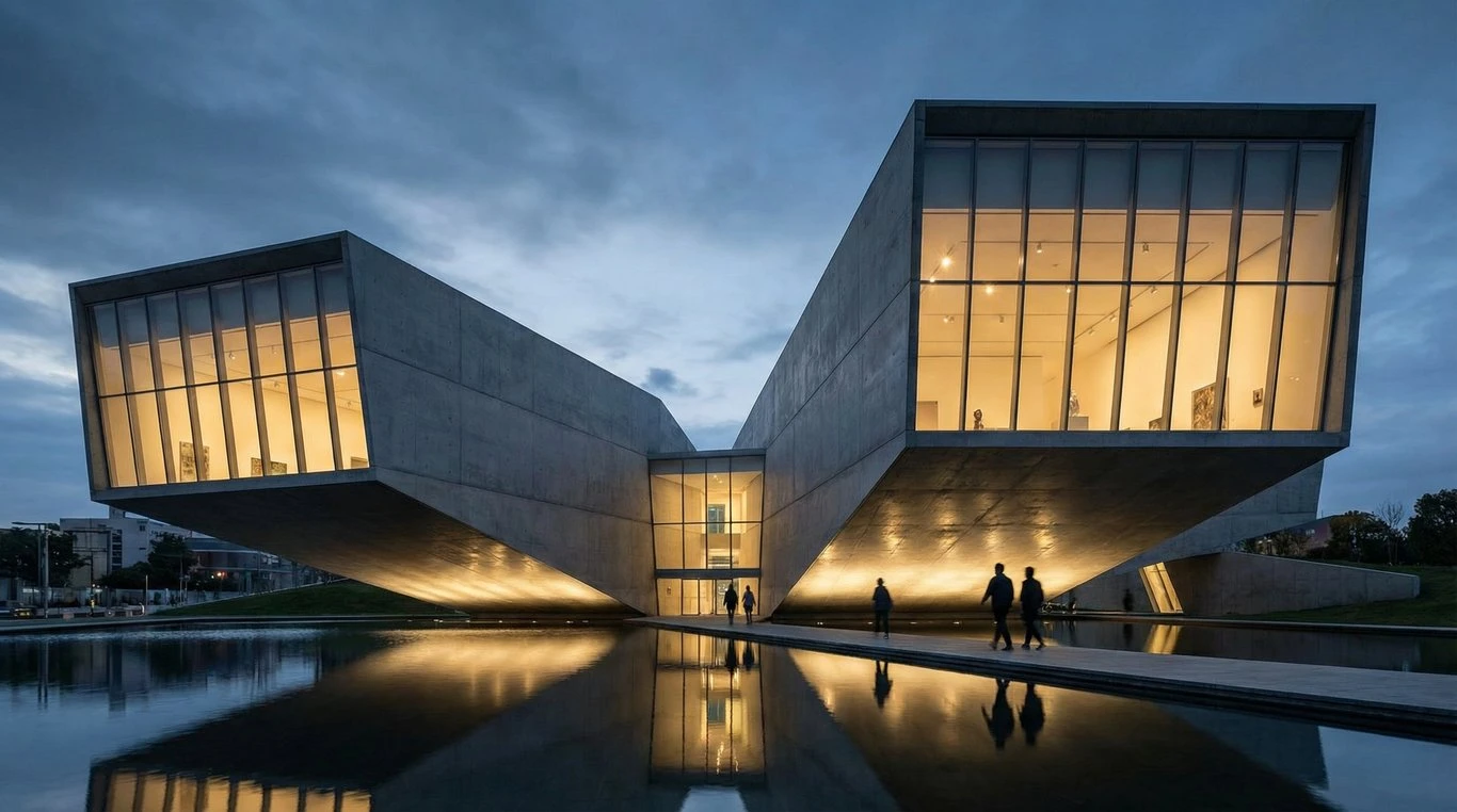 Intérieur lumineux d'un musée contemporain avec murs blancs et lumière zénithale