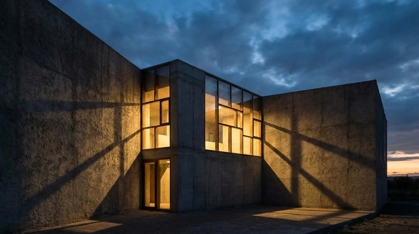 Galerie d'art minimaliste aux volumes ouverts et lumière zénithale