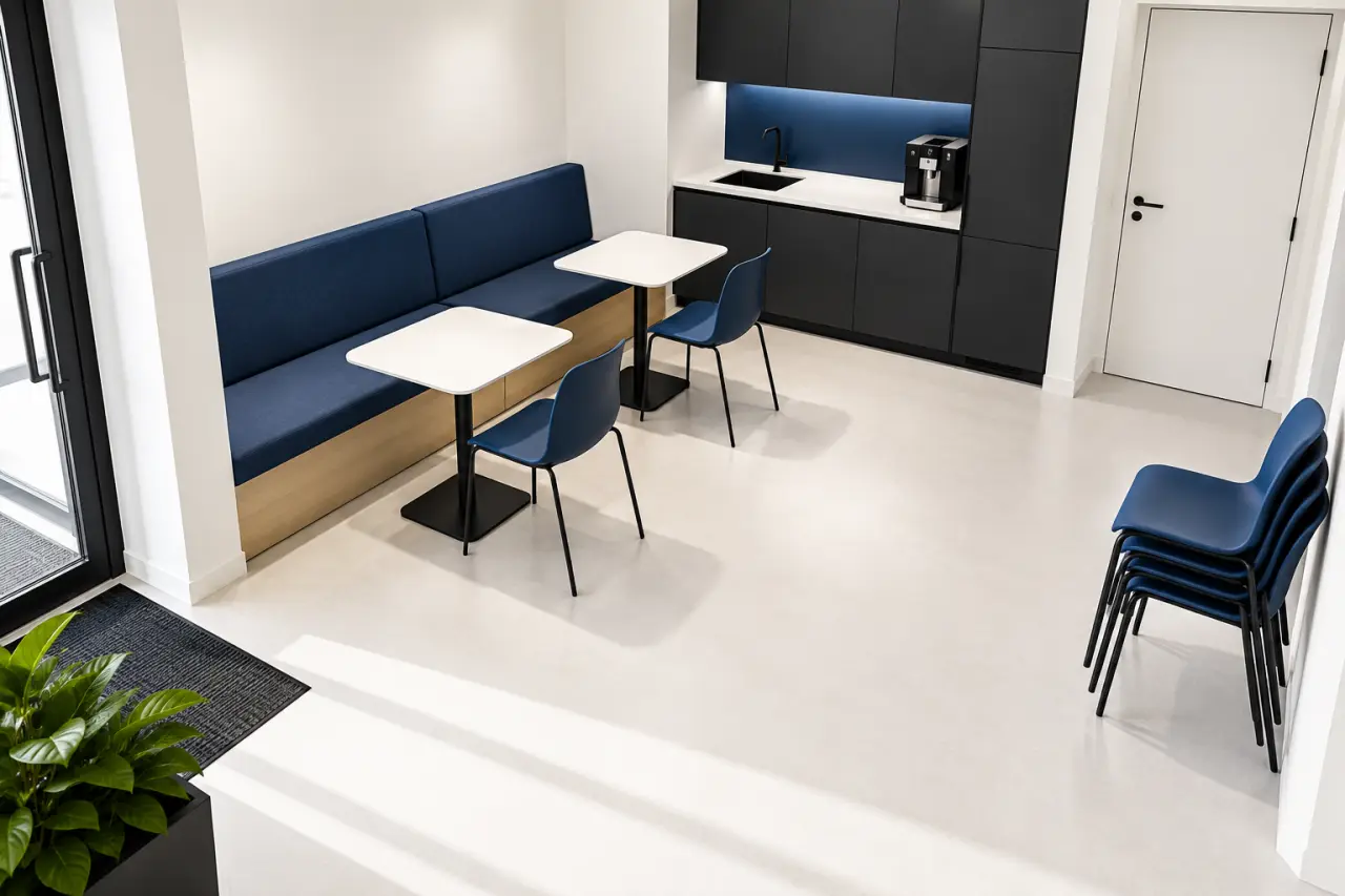 Mobilier salle de pause entreprise dans une petite pièce avec circulations dégagées