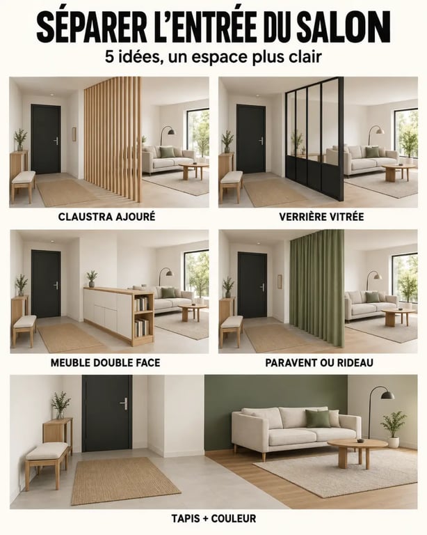 Idées de séparation entre l'entrée et le salon : claustra, verrière, meuble, rideau et tapis