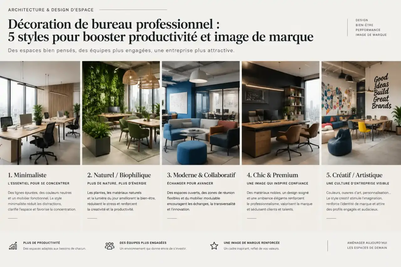 Décoration de bureau professionnel : 5 styles pour booster productivité et image de marque