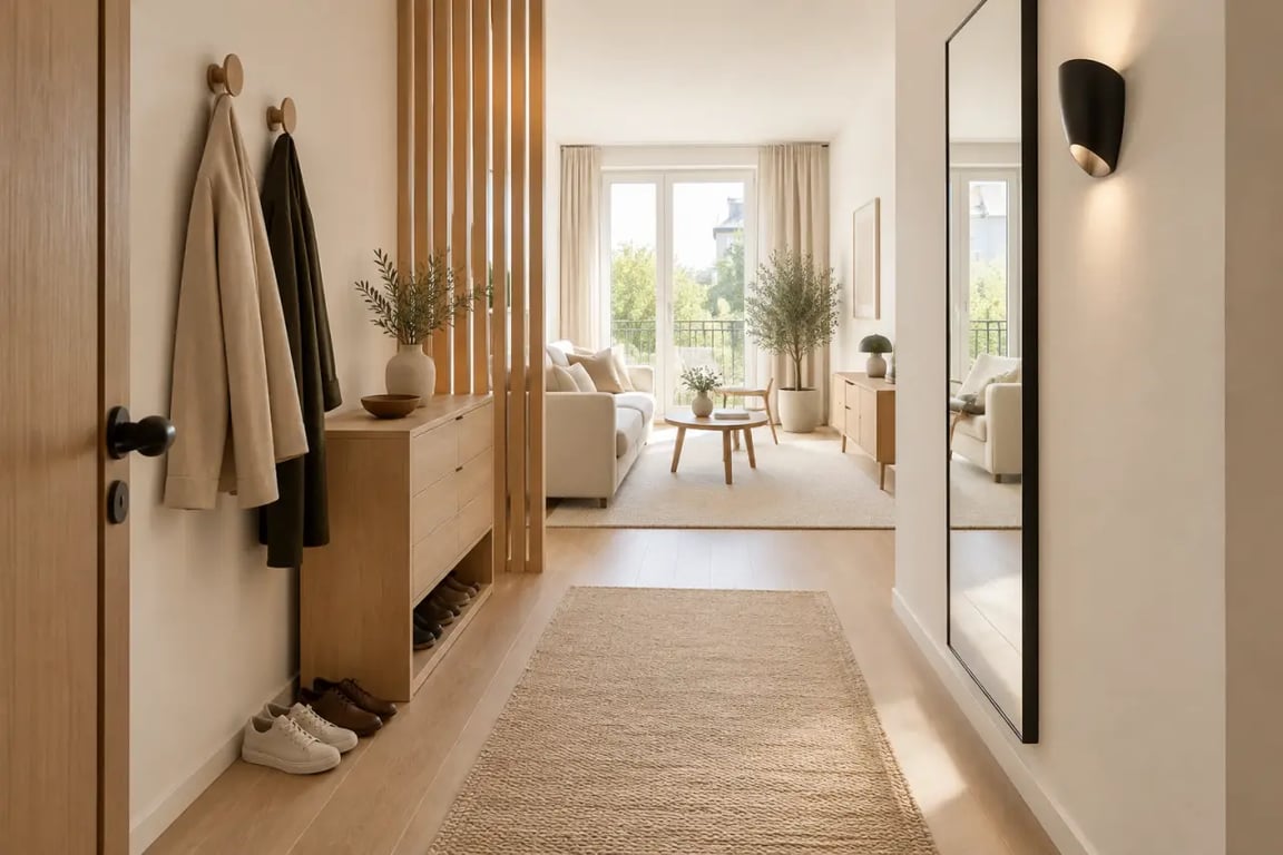 Idée de séparation entre l'entrée et le salon dans un petit espace avec meuble bas et tapis