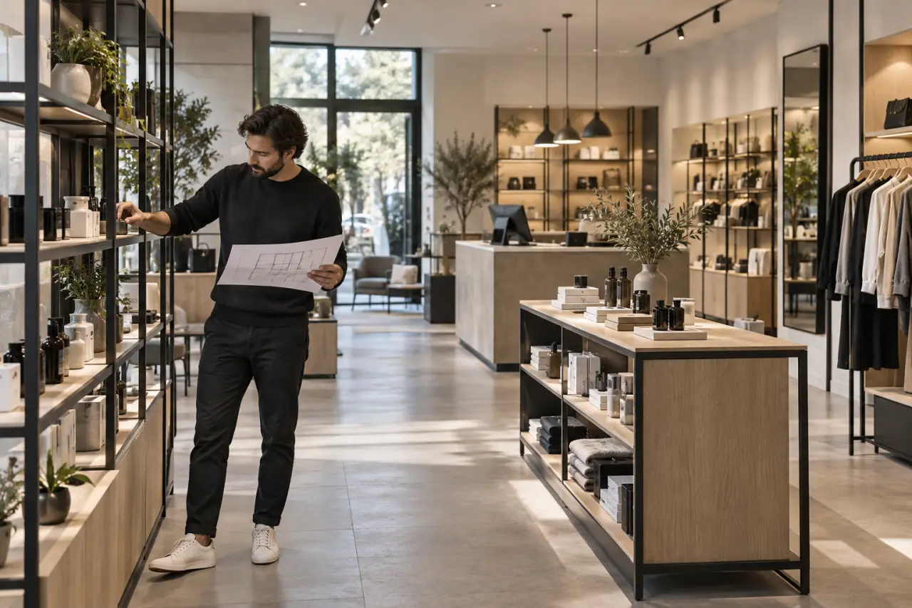 Un aménageur de boutique organise l’espace pour vendre et travailler efficacement