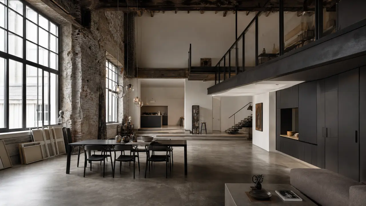 Photographie d’architecture en noir et blanc d’un ancien atelier transformé en loft, avec lumière contrastée et volumes bruts