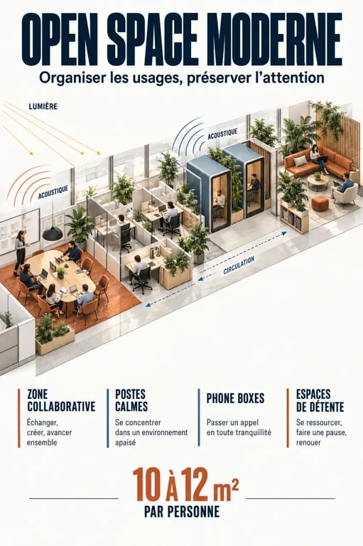 Infographie sur l’aménagement d’un open space moderne avec zones calmes, espaces collaboratifs et phone boxes