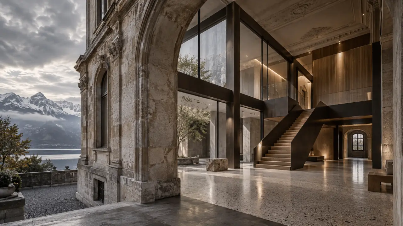 Bâtiment patrimonial rénové, entre matière ancienne et intervention architecturale contemporaine