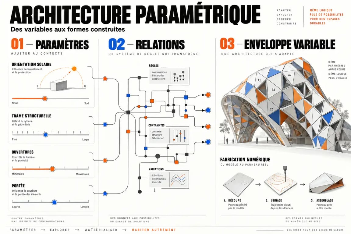Schéma pédagogique de l’architecture paramétrique reliant paramètres, règles et forme du bâtiment