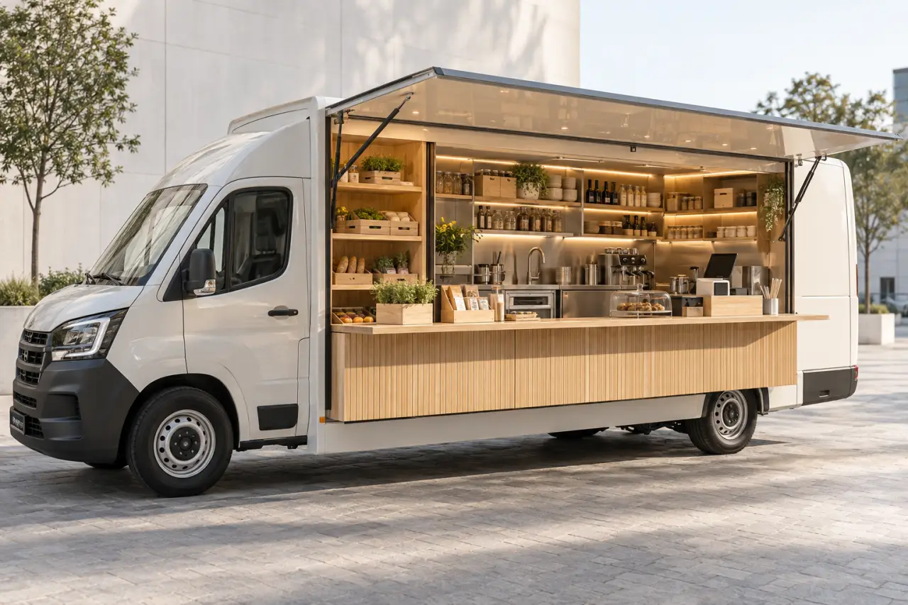 Une camionnette aménagée pour commerce ambulant, pensée pour vendre, stocker et travailler