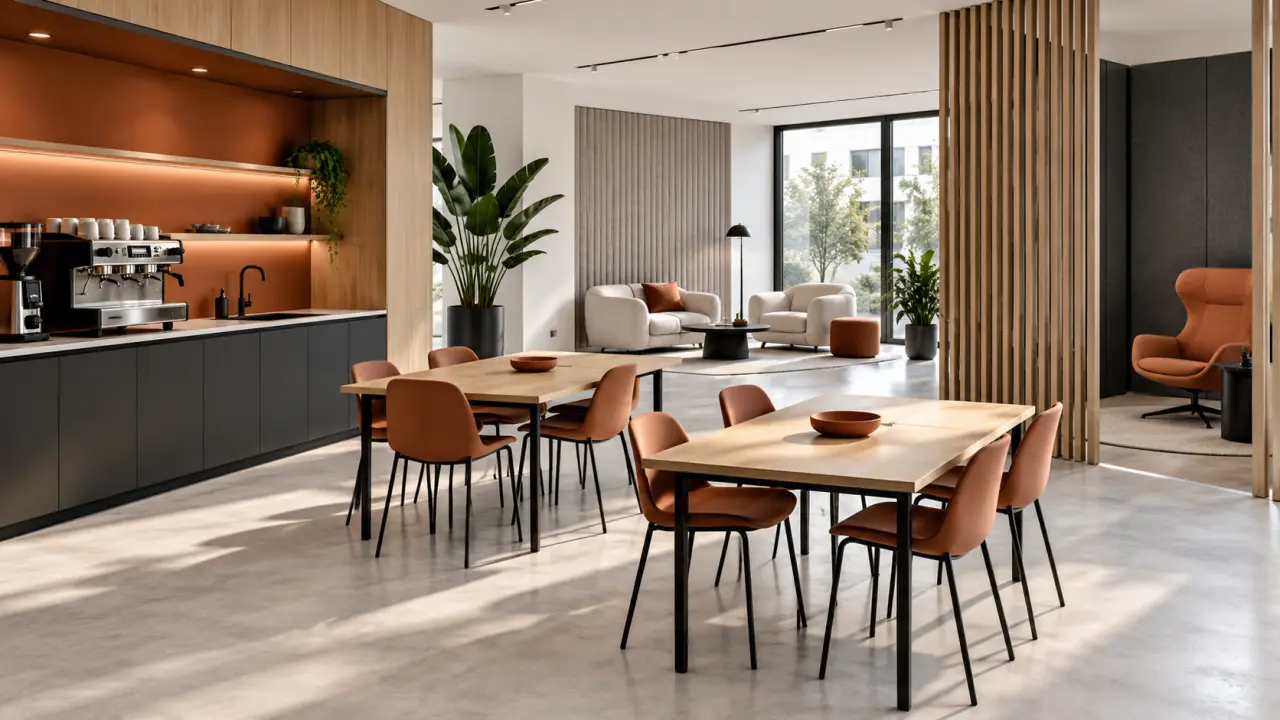 Mobilier salle de pause entreprise avec coin café, espace repas et zone détente