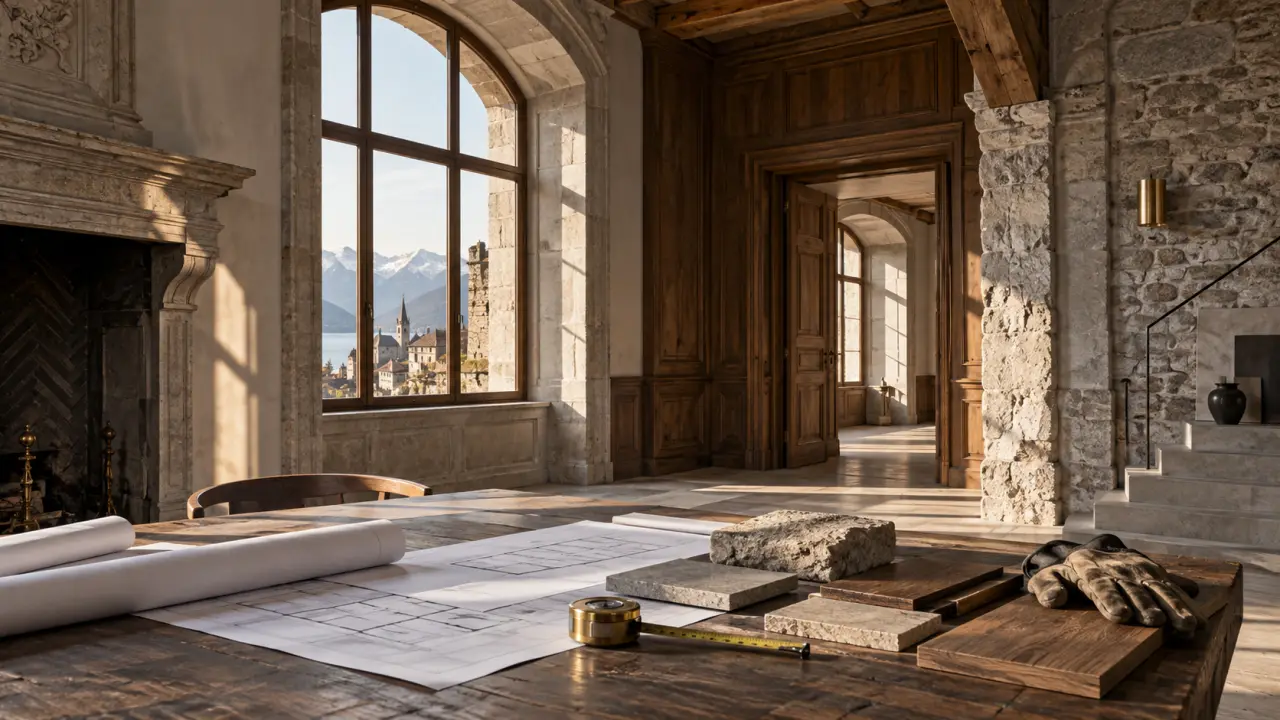 Bâtiment patrimonial en cours de rénovation, détail de façade et matériaux anciens