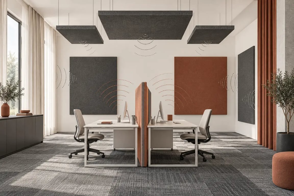 Décoration open space avec solutions d'absorption acoustique et cloisonnettes
