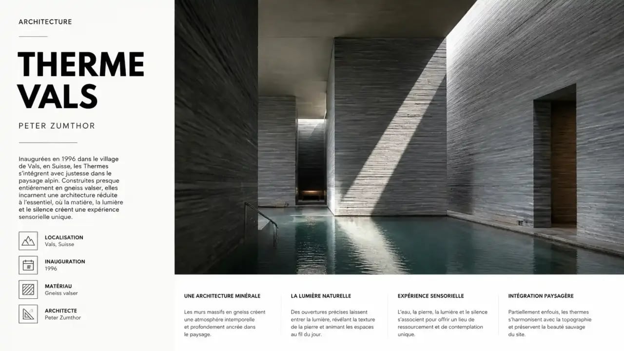 Architecture contemporaine suisse : les Thermes de Vals, un exemple emblématique du minimalisme minéral de Peter Zumthor.